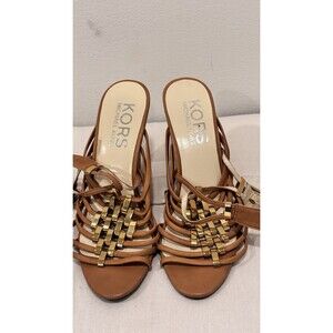 Michael Kors Wedge Sandals‎ Size 8 Brown Leather Strappy Gold Accent Heels